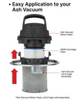HEPA Cartridge Filter For Ash Vacuum - Dry Ash Filtration, No Mess, 1 Pack, shown in assembly with motor head and lid.