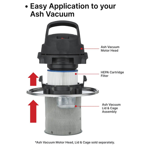 HEPA Cartridge Filter For Ash Vacuum - Dry Ash Filtration, No Mess, 1 Pack, shown in assembly with motor head and lid.