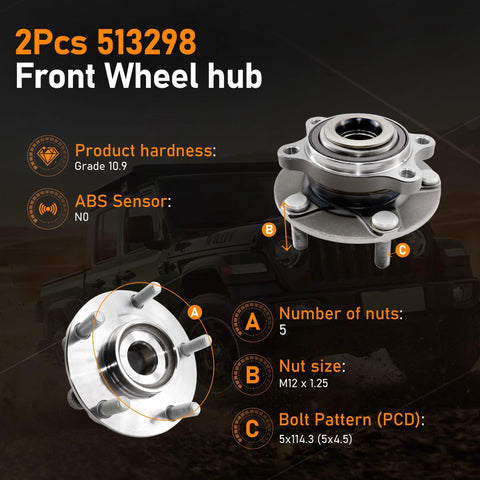 Front Wheel Hub Bearing Assembly Set 513298 Fits 2008 To 2013 Nissan Rogue 2014 To 2015 Rogue Select And 2007 To 2012 Sentra Four Cylinder Two Point Five Liter ABS 6 Bolt 2WD Ride Ready OEM Replacement specifications illustration