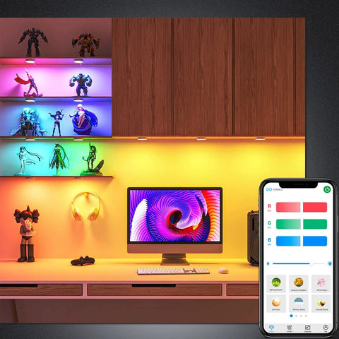Bluetooth RGB Under Cabinet Lights Kit With Dimmable LED Puck Lamps App Control And Remote illuminating display shelves