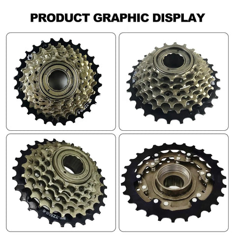 Six Speed Bike Freewheel MF-TZ500-6 14-28T Replacement Part For Road Mountain Hybrid Bikes, high-strength steel, four views