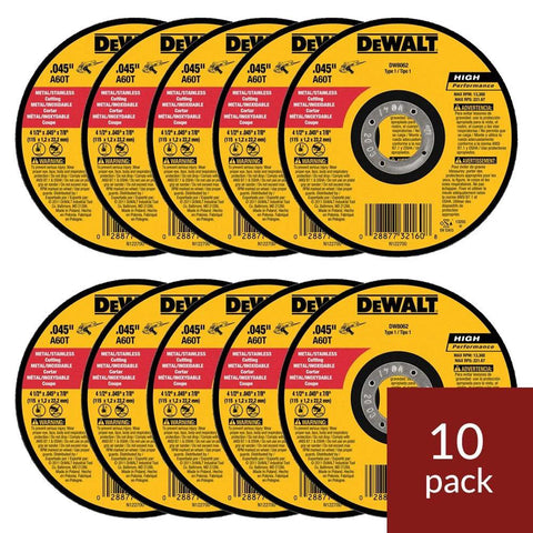 DeWalt metal cutoff wheel, 4-1/2 in x .045 in x 7/8 in, A60T, for angle grinders, 10-pack