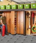 Garage with storage shelves and 12 Pack 12 Inch Interlocking Rubber Flooring Tiles For Bathroom And Outdoor Use Non Slip