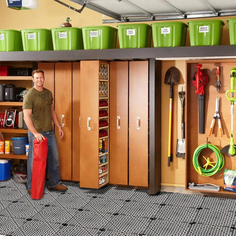 Garage with storage shelves and 12 Pack 12 Inch Interlocking Rubber Flooring Tiles For Bathroom And Outdoor Use Non Slip