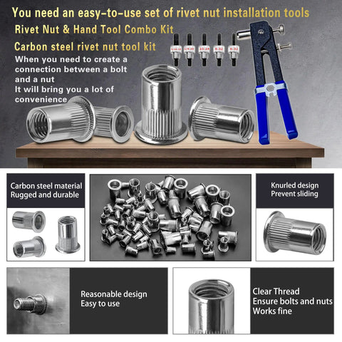 Rivet Nut Tool Kit With 420 Imperial Rivet Nuts In Sizes 6-32 8-32 10-24 1/4-20 And 5/16-18 displayed with tool and features.