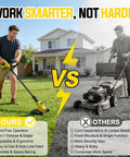 Comparison of Cordless Weed Wacker And Edger 21V Power Trimmer with traditional lawn mower for yard maintenance.