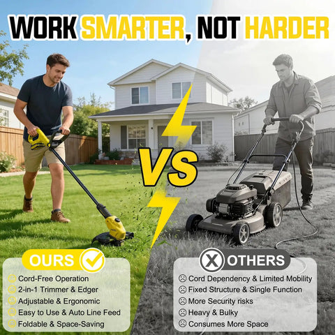 Comparison of Cordless Weed Wacker And Edger 21V Power Trimmer with traditional lawn mower for yard maintenance.