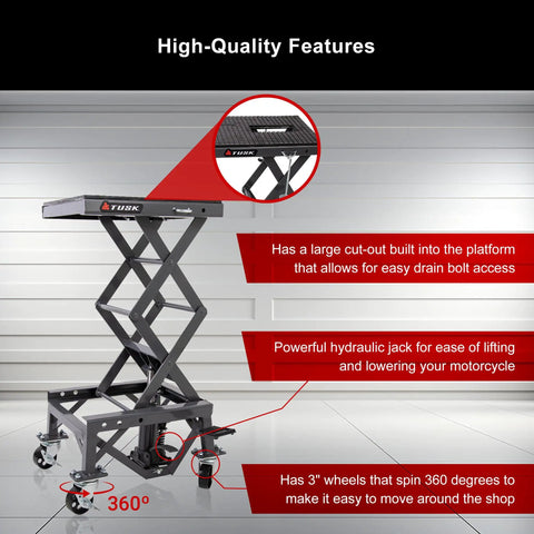 Heavy Duty Scissor Lift Stand For Motorcycles With Adjustable Height From 13.75 To 34 Inches Casters Rubber Top Pad Supports 300 Lb