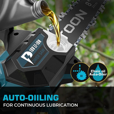 8 Inch Cordless Pruning Chainsaw with Auto Oiler, Brushless 800W Motor, oil being poured into the oiler system.