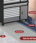 Front-left view of a black metal tool cabinet on four 3-inch heavy-duty swivel caster wheels with brakes on wood floor.