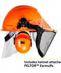 Lumberjack Hard Hat System With Pinlock Suspension, Mesh Visor, Peltor Ear Muffs, Debris And Water Sealer, Low Pro Fit, in orange