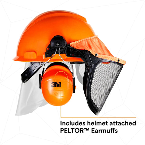 Lumberjack Hard Hat System With Pinlock Suspension, Mesh Visor, Peltor Ear Muffs, Debris And Water Sealer, Low Pro Fit, in orange