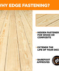 Wood deck showing Marksman Pro-X1 Deck Fastening Kit With 700 Edge Screws And Bits Edge Fastening System features.