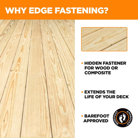 Wood deck showing Marksman Pro-X1 Deck Fastening Kit With 700 Edge Screws And Bits Edge Fastening System features.