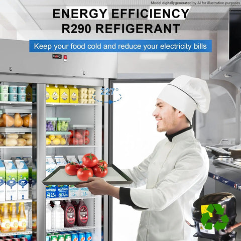 Chef with fresh tomatoes near Rock Solid Heavy Duty 54 Inch Commercial Refrigerator Two Door Stainless Steel Reach In Upright Fridge.