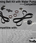 Serpentine Drive Timing Belt With Water Pump Kit Direct Fit For Honda Accord Crosstour Odyssey Pilot Ridgeline Saturn Vue Acura MDX RDX RL TL TSX V6 3.0L 3.2L 3.5L 3.7L Engines displayed with components.