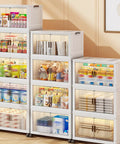 Slick Collapsible Storage Bins With Lids 5 Pack Plastic Boxes stacked, showcasing food, toys, and linens, ideal for organization.