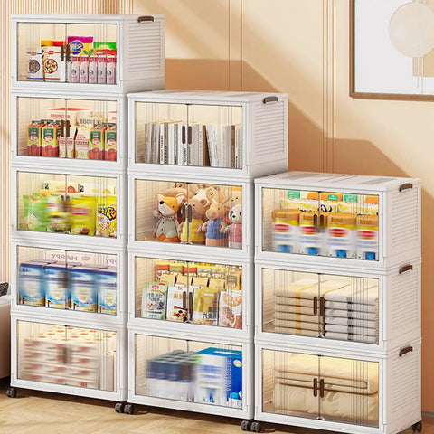 Slick Collapsible Storage Bins With Lids 5 Pack Plastic Boxes stacked, showcasing food, toys, and linens, ideal for organization.