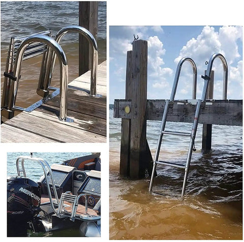 Stainless Steel Beefy Four Step Pontoon Boat Ladder with Heavy Duty Folding Telescoping Design for Yacht or Pool, Non Slip Pedals