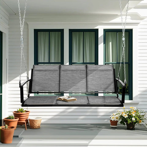 Gray Textilene Three Seat Hanging Swing for Backyard Chill Sessions with 5.2 ft patio bench and sturdy chains in a porch