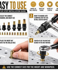 Metric Threaded Insert Kit With Replacement Mandrels For M3 M4 M5 M6 M8 And M10 Sizes Includes Rivet Nut Inserts For Quick Repairs And Strong Fasteners Perfect For Workshop Maintenance And DIY Fabrication Projects. step-by-step installation guide with mandrel sizes