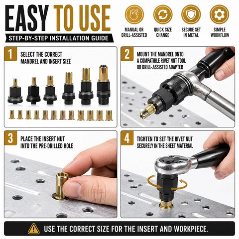 Metric Threaded Insert Kit With Replacement Mandrels For M3 M4 M5 M6 M8 And M10 Sizes Includes Rivet Nut Inserts For Quick Repairs And Strong Fasteners Perfect For Workshop Maintenance And DIY Fabrication Projects. step-by-step installation guide with mandrel sizes