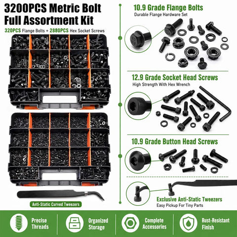 Metric Flange Bolt And Nut Kit 3200-Piece Hardware Assortment For DIYers And Tinkerers With Hex Flange Head Bolts Socket Button Head Bolts And Cap Head Screws M2 To M10 For Garage Projects And Auto Maintenance, open organizer trays with assorted black metric bolts and washers