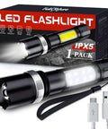 Rechargeable LED Flashlight With COB Sidelight Beast Mode Bright High Lumen Beam Zoomable Tactical Light 3 Modes