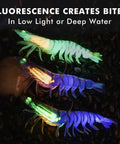 Fluorescent Duramax Pre Rigged Soft Fishing Lures With BKK Hooks glowing in the dark to attract fish in deep water.