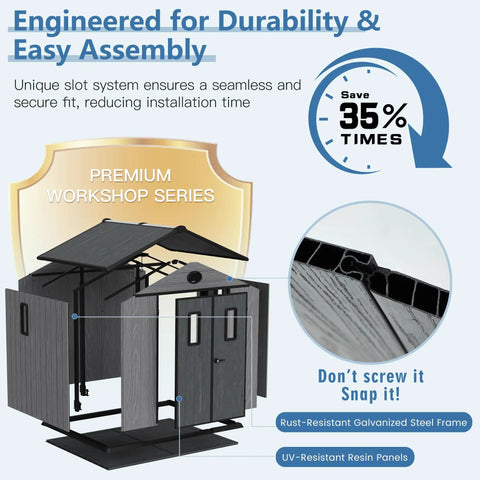Visual of 8x6 Ft Resin Storage Shed With Floor For Backyard And Outdoors, showcasing interlocking panels and sturdy steel frame.