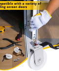 Spring Tension Screen Door Rollers 8 Pcs Replacement Kit being installed on sliding door, showing tools, 1 inch wheels, easy install.