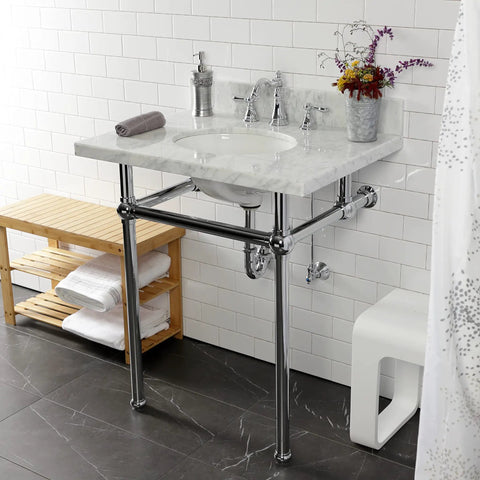 All In One Traditional Bathroom Sink Trim Kit With P Trap Polished Chrome Finish Solid Brass Construction installed under a marble sink.