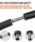 Badass Trampoline Replacement Poles For 8 To 16 Ft backyard jumpers, close-up of weather-resistant galvanized steel with black covers.