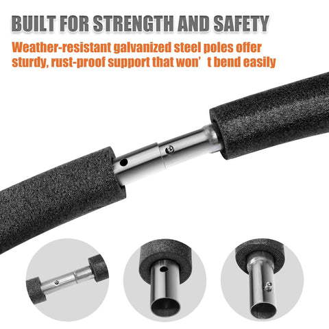 Badass Trampoline Replacement Poles For 8 To 16 Ft backyard jumpers, close-up of weather-resistant galvanized steel with black covers.