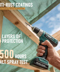 Heavy Duty Wood Screws No 14 By 2-7/8 Inch Star Drive Deck Screws for outdoor projects, cordless drill in use under green tarp.