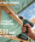 Person using a drill for outdoor work on a wooden frame showing anti-rust coating benefits for Tough as Nails 8-Inch Size 14 Heavy-Duty Wood Screws Star Drive Deck and Fence Fasteners Rust Resistant Black Carbon Steel T30 Compatible for Outdoor Landscaping and Timber Work Reliable Grip 50 Pack.