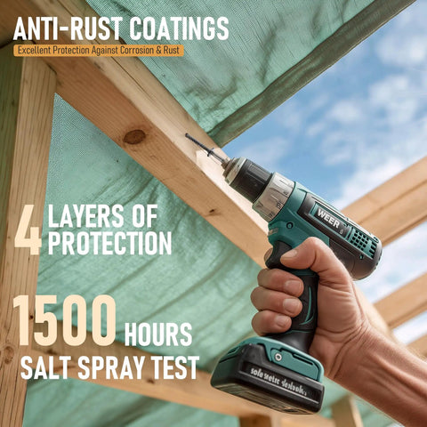 Person using a drill for outdoor work on a wooden frame showing anti-rust coating benefits for Tough as Nails 8-Inch Size 14 Heavy-Duty Wood Screws Star Drive Deck and Fence Fasteners Rust Resistant Black Carbon Steel T30 Compatible for Outdoor Landscaping and Timber Work Reliable Grip 50 Pack.