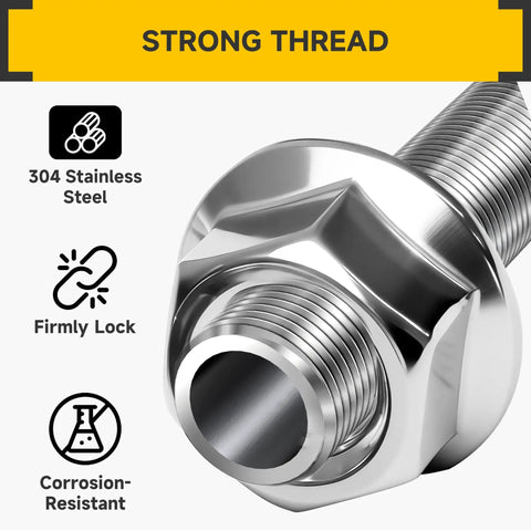 Close-up view of M10 Serrated Flange Hex Nuts, 50 Pack, 304 Stainless Steel, Hex Drive, showcasing strong thread and corrosion resistance.