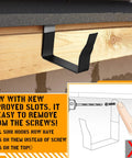 Installed 5 inch black aluminum gutter bracket on roof, new improved slots shown, part of Two Pack 5 Inch Gutter Brackets And Hangers Aluminum Heavy Duty Rain Gutter Mounts For Gazebo And Shed Roof Drainage Easy Install Tool Parts For Installation And Repair Durable Weatherproof.