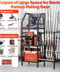 Heavy Duty Garage Fishing Rod Rack Three Tier Adjustable Metal Holder For Up To 18 Rods Pegboard Mountable Storage