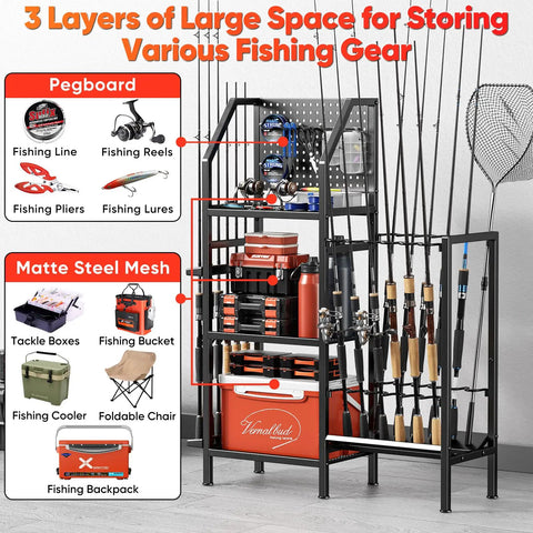 Heavy Duty Garage Fishing Rod Rack Three Tier Adjustable Metal Holder For Up To 18 Rods Pegboard Mountable Storage