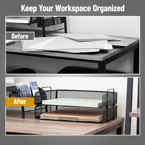 Before and after of desk with Stackable Paper Tray Desk Organizer Set Of 2 With Metal Mesh File Storage For Office, black color