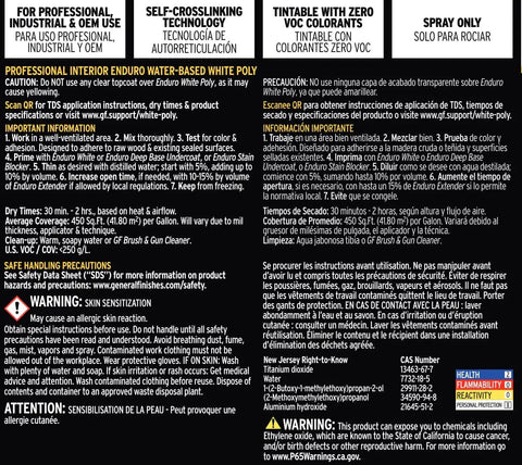 Product label for Water Based White Polyurethane Satin Finish Self Sealing No Topcoat Needed Durable Indoor Wood Coating 1 Gallon.