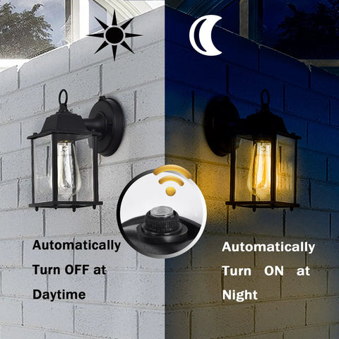 2 Pack Dusk To Dawn Outdoor Wall Mount Light Fixtures With Clear Glass In Black Finish Exterior Garage Lighting High Sensitivity Photocell Sensor For Auto On At Night And Off At Day Weatherproof No Fuss Install