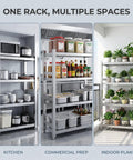 Heavy Duty Stainless Steel Shelving Unit Top Notch Metal Storage Rack Rock Solid Heavy Hitter For Kitchen Pantry Garage Industrial Load Holding Organizer Shelf 47 X 24 X 59 Inch in kitchen, commercial prep area, and plant display.