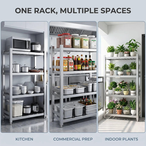 Heavy Duty Stainless Steel Shelving Unit Top Notch Metal Storage Rack Rock Solid Heavy Hitter For Kitchen Pantry Garage Industrial Load Holding Organizer Shelf 47 X 24 X 59 Inch in kitchen, commercial prep area, and plant display.
