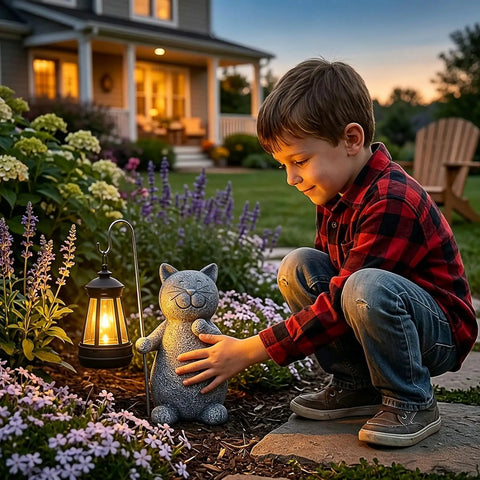 Boy admiring Solar Powered Cat Garden Statue With Warm Glow Lantern, Weatherproof Resin Outdoor Decor For Yard Pathway Patio Porch Or Balcony