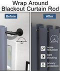 Comparison of wrap around blackout curtain rod before and after installation highlighting light blocking and noise reduction features.