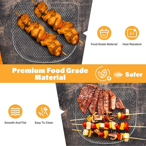 Kick Up Your Kitchen Game With These Premium Air Fryer Shelves For PowerXL Vortex 10Qt, 3 Pack Stainless Steel Mesh Crisper Racks, Dishwasher Safe, No Sweat Cleanup For Crispy Perfection Daily - Premium food grade air fryer racks with skewers.