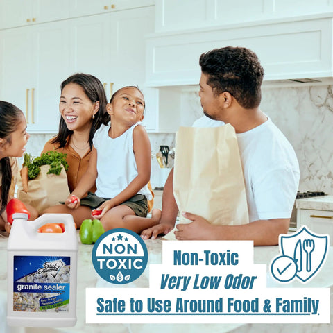 Family in kitchen with Easy Spray On Granite And Stone Countertop Sealer That Really Protects, Penetrates Deep, Wipes Clean Quick